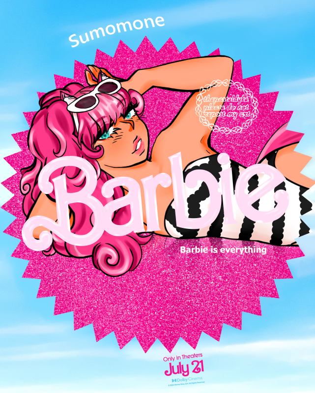 Sumomone lying on her side, one hand propping up her head, the other lifting sunglasses off her eyes. She's smiling. She's wearing a black and white striped swimsuit. It's a redraw of a meme from the 2023 live action Barbie movie depicting Barbie's promo poster with Barbie.